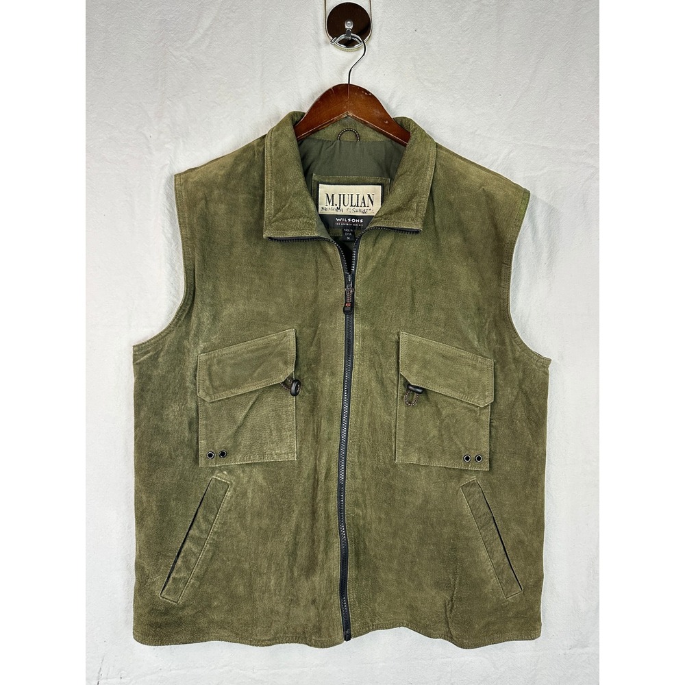 Vintage M. Julian Wilsons Leather Suede Utility Vest Olive Green Mens M Full Zip